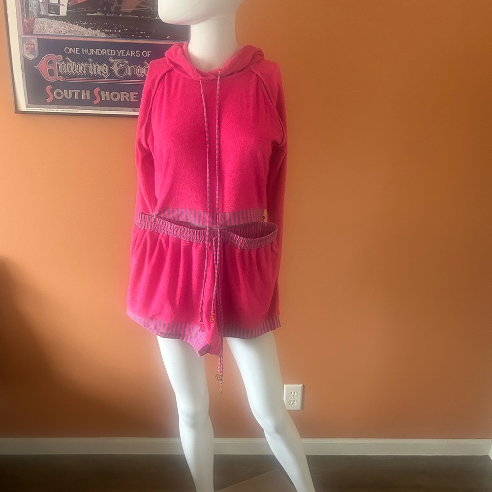 LULI FAMA hot pink and gray terry cloth resort/swim shorts set